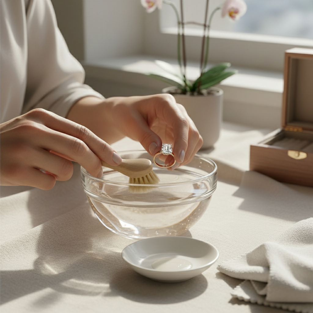 Engagement ring cleaning tutorial: hands cleaning diamond ring with soft brush in glass bowl soapy water proper jewelry care maintenance guide
