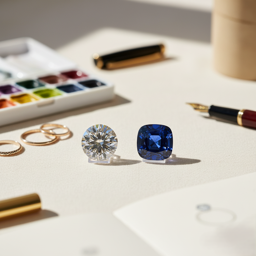 Diamond vs sapphire comparison showing round brilliant cut diamond and blue cushion cut sapphire gemstones with gold jewelry rings on designer workspace