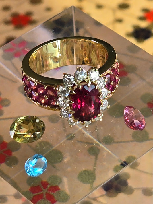 Red Spinel Halo Ring with Old European Cut Diamonds | Crimson Bloom