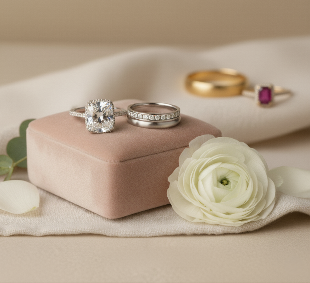 Three rings on a pink jewelry box with a white flower on a beige surface