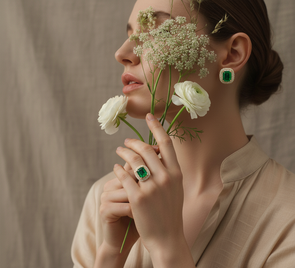 Woman holding flowers with emerald green jewelry against a neutral background