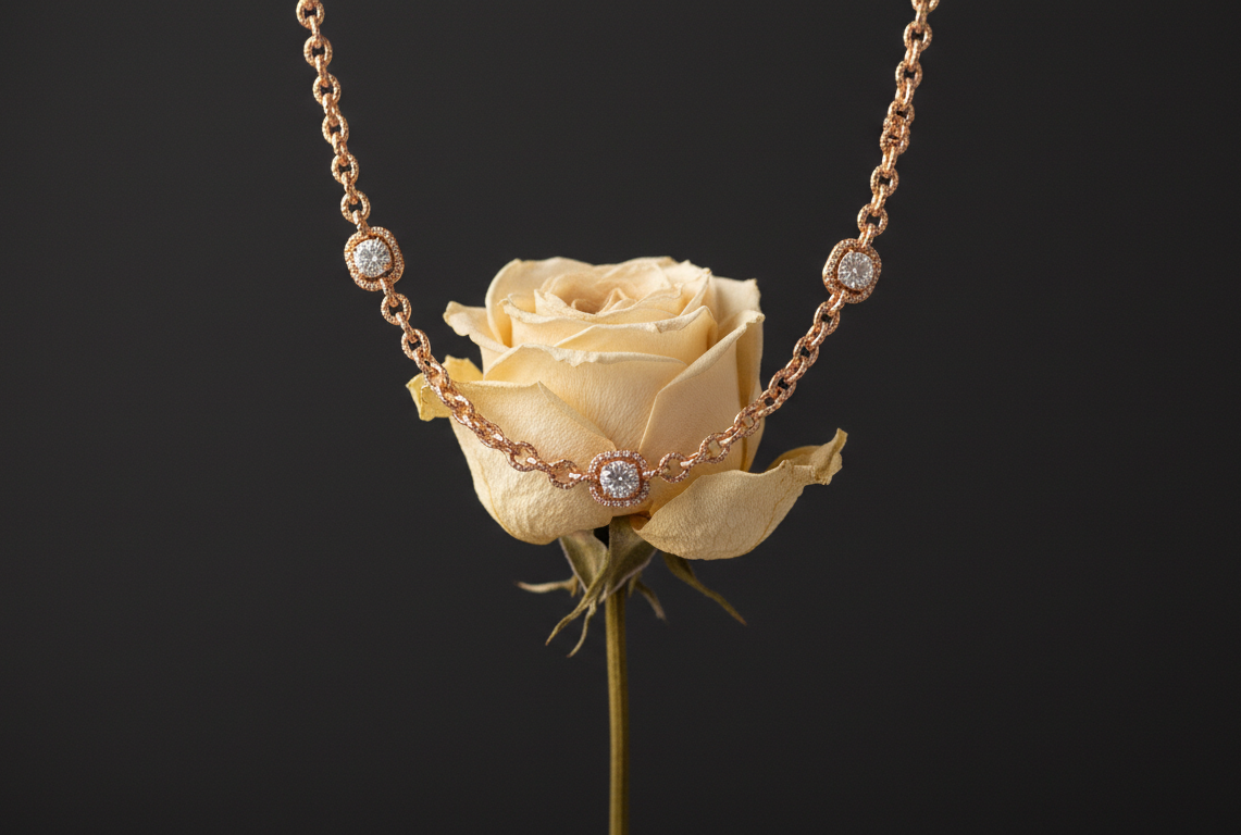 Necklace with a beige rose pendant on a black background