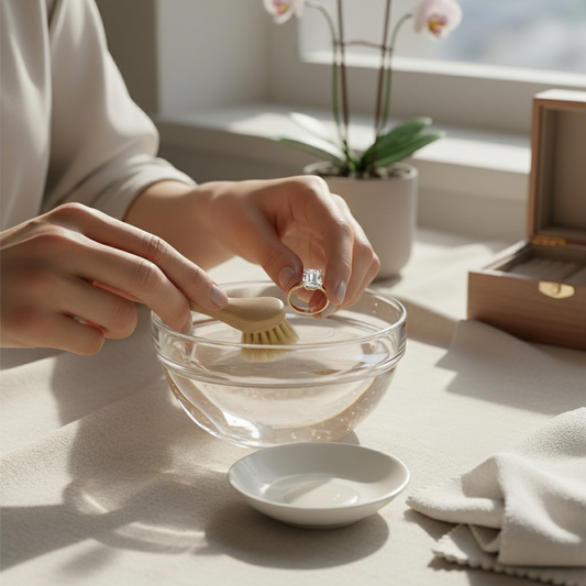 Engagement ring cleaning tutorial: hands cleaning diamond ring with soft brush in glass bowl soapy water proper jewelry care maintenance guide