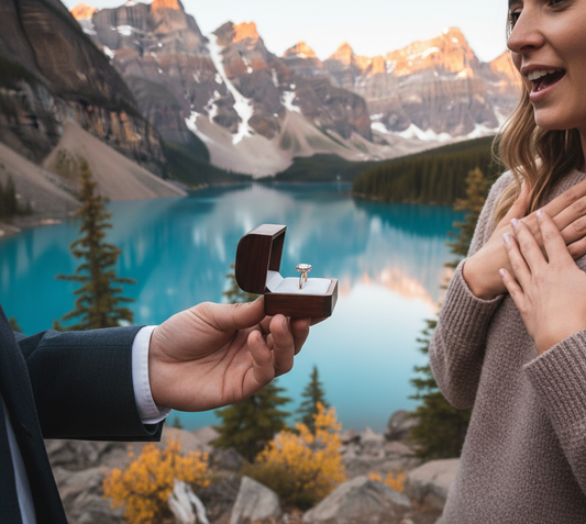 Outdoor proposal Canada mountain setting engagement ring presentation - couple at iconic Canadian Rockies lake destination with snow peaks forest autumn colors.