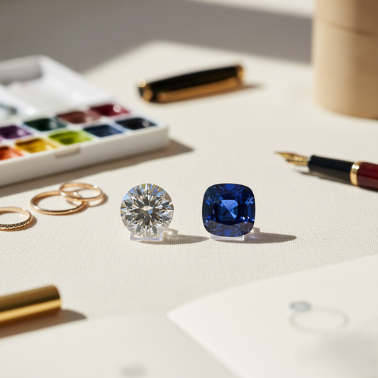 Diamond vs sapphire comparison showing round brilliant cut diamond and blue cushion cut sapphire gemstones with gold jewelry rings on designer workspace