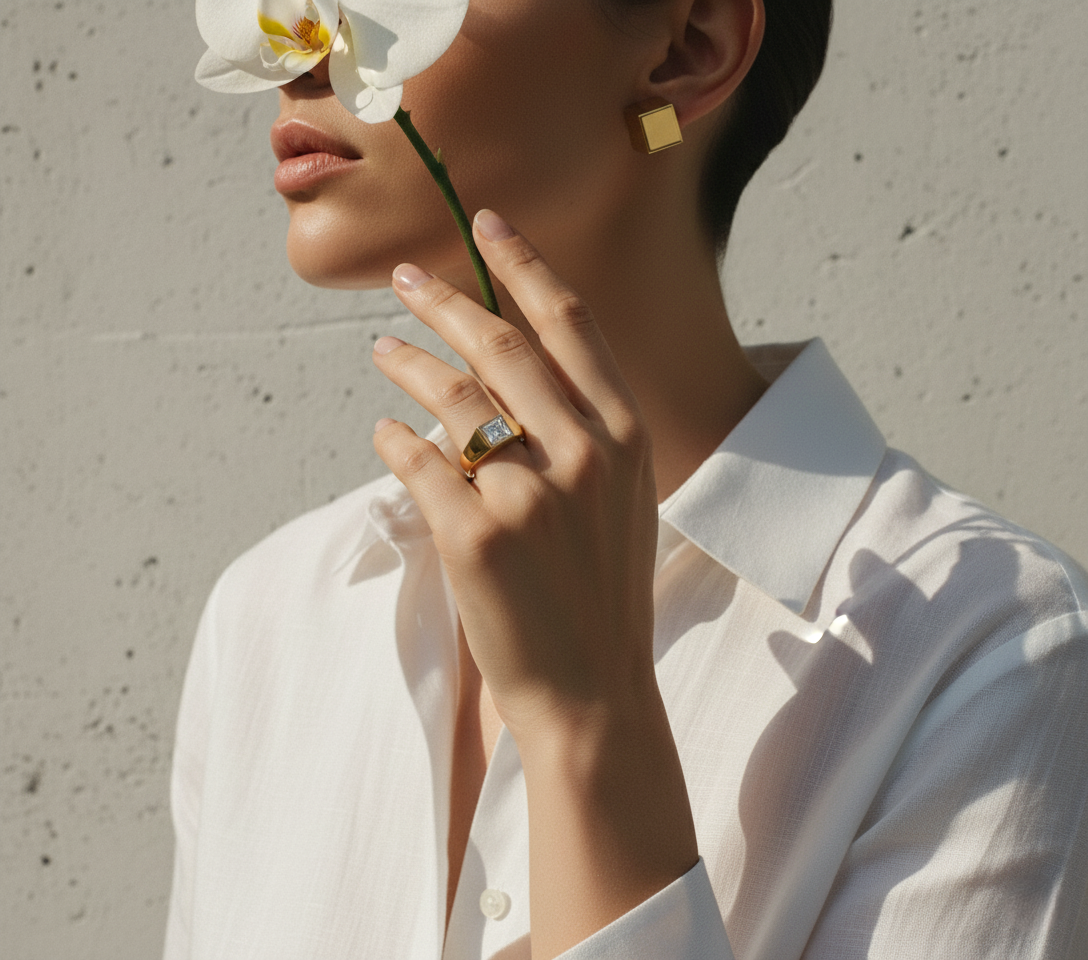 Model wearing a modern minimalist gold ring and a square geometric earring from The Architect Collection.