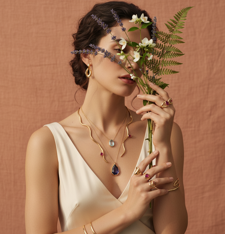 Model wearing a layered artistic gemstone necklace and earrings from The Muse Collection, holding a bouquet of white flowers.