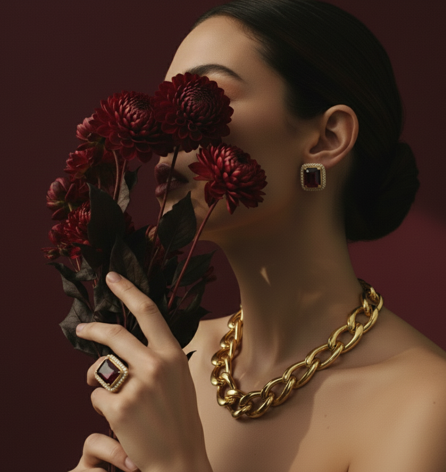 Model wearing a chunky gold chain statement necklace and bold ring from The Sovereign Collection by Georgina Jewels Canada.