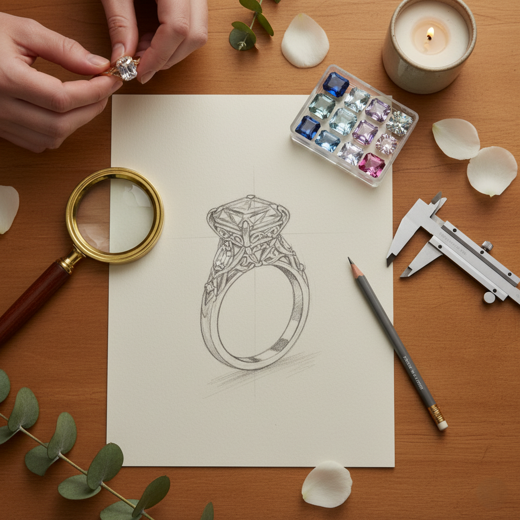 Person examining a diamond next to a ring drawing on paper with jewelry-making tools on a wooden surface.