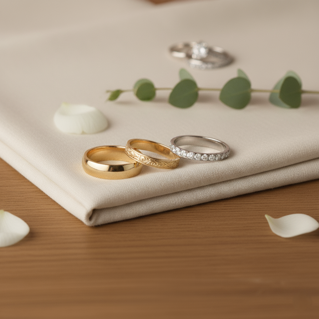Three rings on a beige fabric surface with green leaves and white stones.