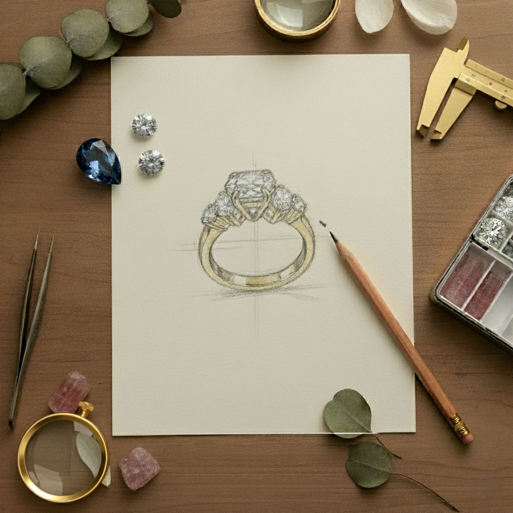 Drawing of a diamond ring on a piece of paper with jewelry tools and stones on a wooden surface.