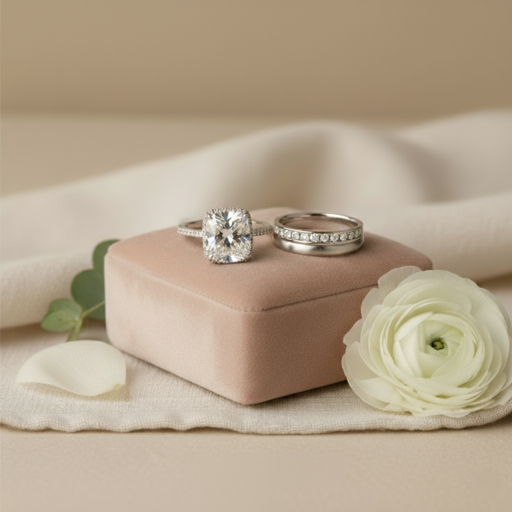 Two rings on a pink velvet box with a white flower on a beige background