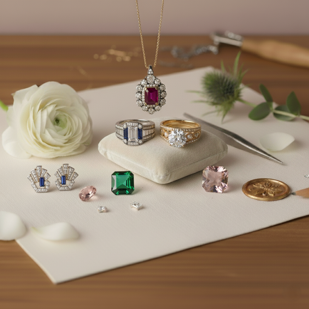 Jewelry set including rings, earrings, and a necklace on a wooden surface with flowers.