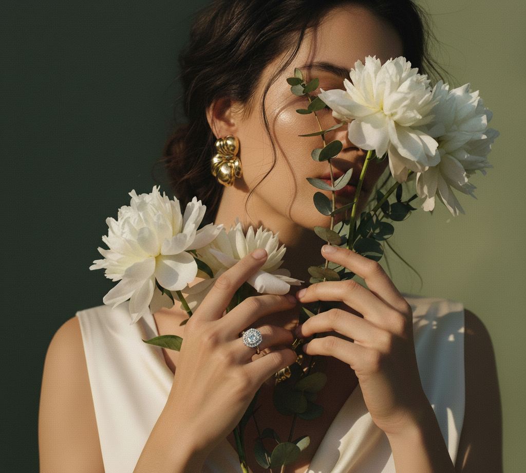 Woman holding white flowers with a soft focus background
