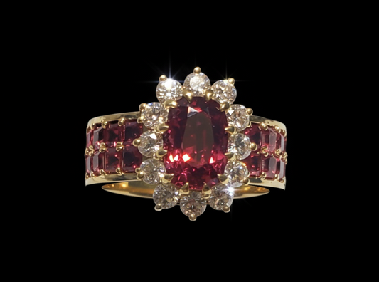 Studio photo of the Crimson Bloom ring, featuring a 1.91 carat red spinel center stone with a diamond halo on an 18K yellow gold band.